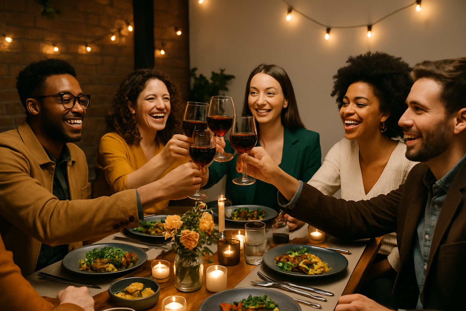 Millenial dinner party raising wineglaases with red wine in toast to success